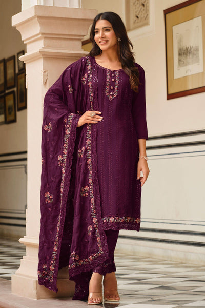Chinon Fabric Purple Color Stylish Function Wear Salwar Suit.