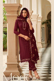 Fabulous Embroidered Chinon Fabric Maroon Color Salwar Suit.