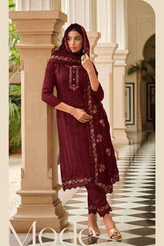 Fabulous Embroidered Chinon Fabric Maroon Color Salwar Suit.