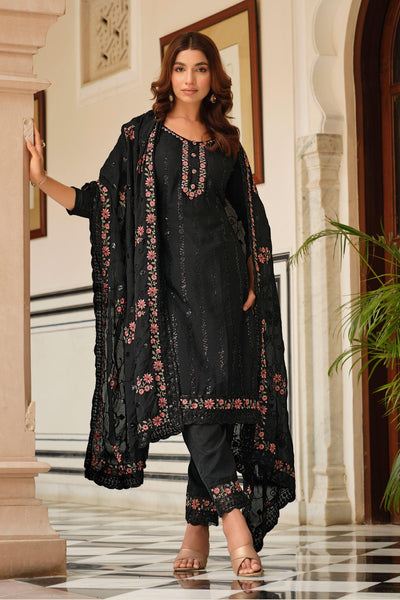Black Color Chinon Fabric Glamorous Embroidered Salwar Suit.