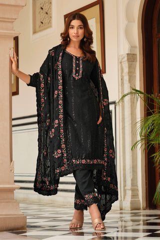 Black Color Chinon Fabric Glamorous Embroidered Salwar Suit.