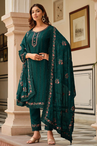 Chinon Fabric Teal Color Function Wear Gorgeous Salwar Suit.