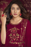Soft Embroidered Maroon Color Readymade Party Style Gown.