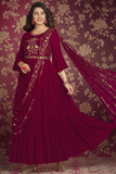 Soft Embroidered Maroon Color Readymade Party Style Gown.