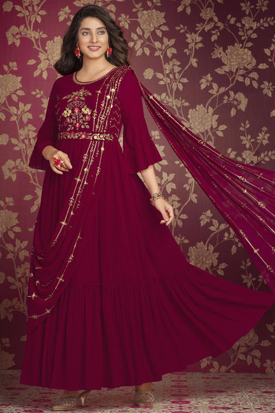 Soft Embroidered Maroon Color Readymade Party Style Gown.
