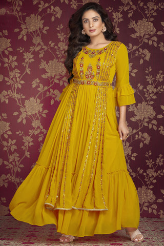 Merlot Georgette Fabric Yellow Color Embroidered Readymade Gown.