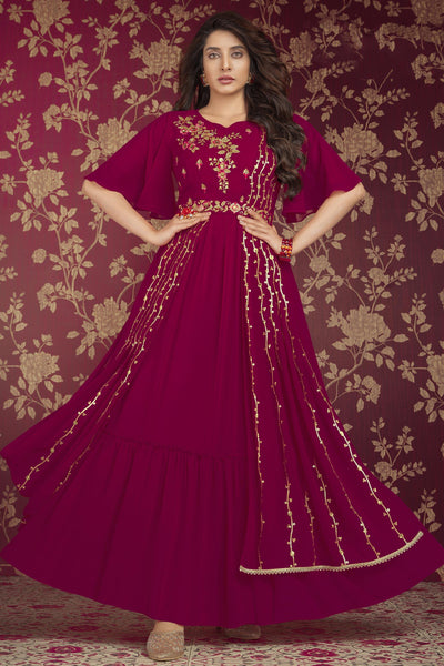 Georgette Fabric Embroidered Readymade Gown In Magenta Color.