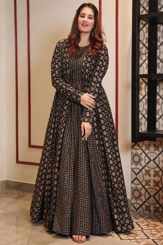 Charming Black Color Muslin Fabric Festive Look Readymade Printed Gown.