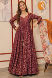 Attractive Muslin Fabric Maroon Color Festive Look Readymade Printed Gown.