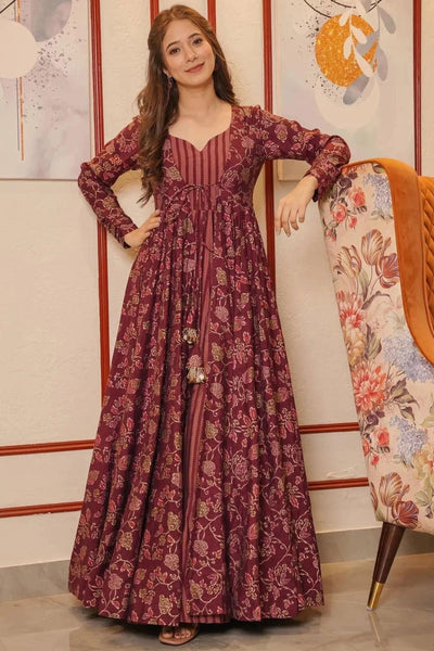 Attractive Muslin Fabric Maroon Color Festive Look Readymade Printed Gown.