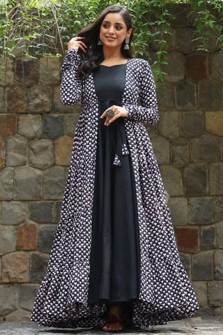Beautiful Black Color Georgette Fabric Festive Look Readymade Printed Gown.