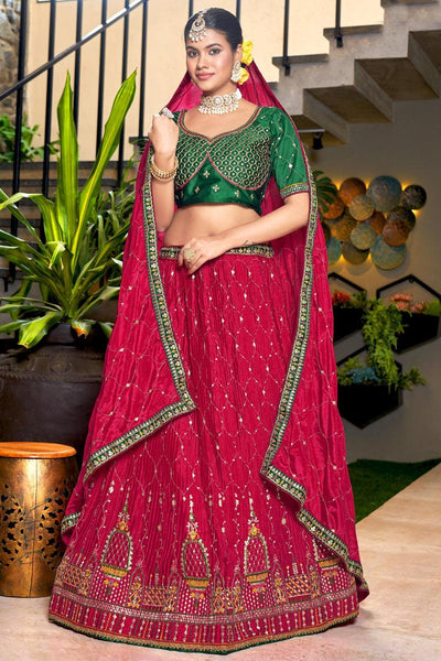 Excellent Chinon Fabric Rani Color Wedding Wear Lehenga Choli.