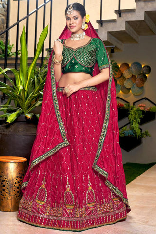 Excellent Chinon Fabric Rani Color Wedding Wear Lehenga Choli.