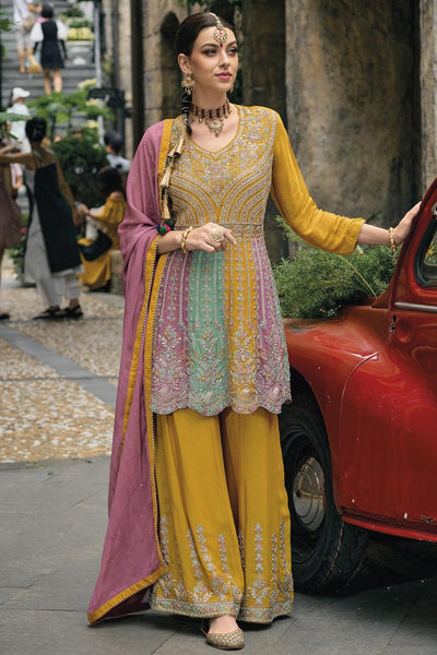 Mustard Color Embroidered Readymade Palazzo Salwar Suit In Chinon Fabric.