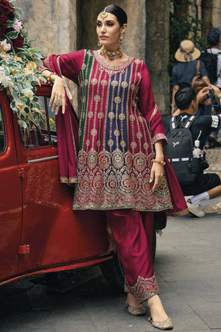 Embroidered Readymade Designer Salwar Kameez In Chinon Fabric Magenta Color.