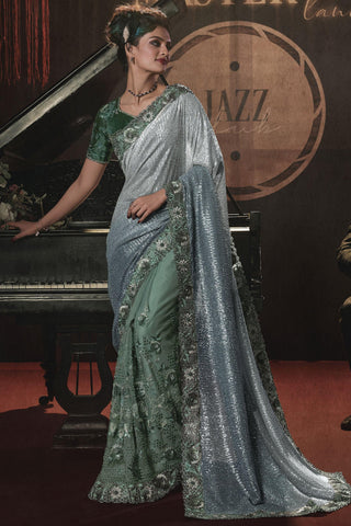 Radiant Sea Green Color Net Fabric Embroidery Work Saree With Party Look Blouse.