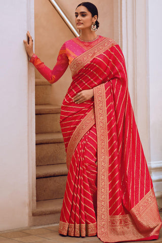 Party Style Weaving Designs On Art Silk Saree In Red Color.