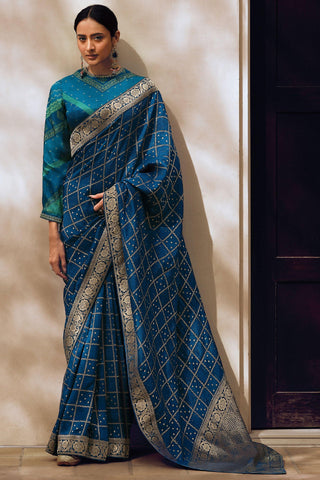 Weaving Designs On Teal Color Party Style Art Silk Saree.