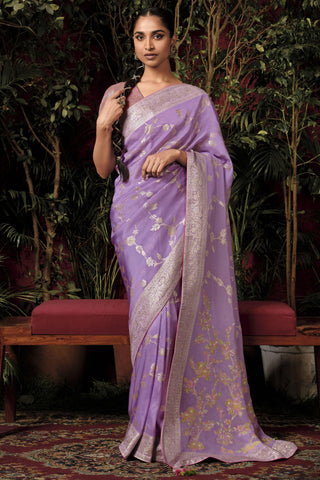 Weaving Designs On Lavender Color Viscose Silk Function Wear Saree.