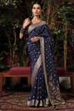 Navy Blue Color Viscose Silk Traditional Wear Saree With Weaving Work.