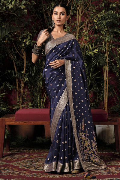 Navy Blue Color Viscose Silk Traditional Wear Saree With Weaving Work.