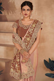 Appealing Embroidered Designs On Art Silk Fabric Saree In Peach Color.