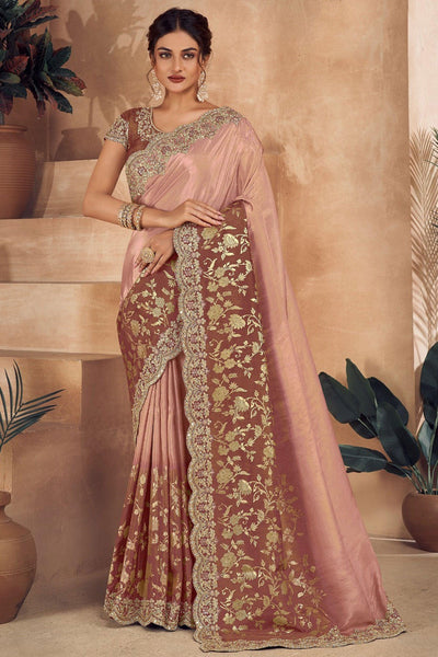 Appealing Embroidered Designs On Art Silk Fabric Saree In Peach Color.