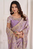 Embroidered Designs On Lavender Color Aristocratic Art Silk Fabric Saree.