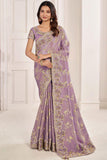 Embroidered Designs On Lavender Color Aristocratic Art Silk Fabric Saree.