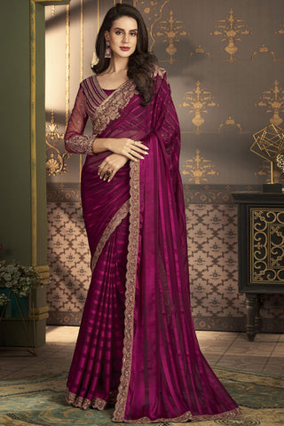 Art Silk Fabric Burgundy Color Excellent Sangeet Wear Saree With Border Work.