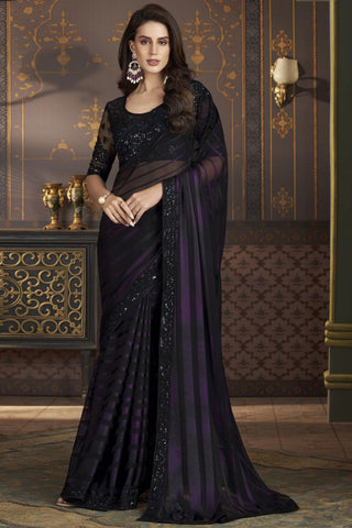 Satin Silk Fabric Black Color Patterned Sangeet Wear Saree With Border Work.