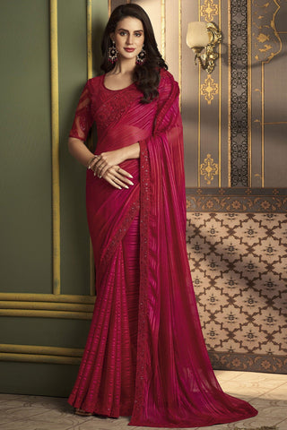 Creative Border Work On Rani Color Art Silk Fabric Sangeet Wear Saree.