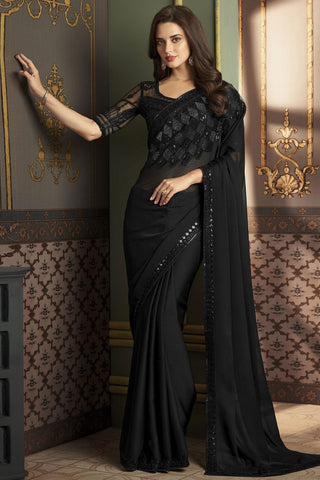 Excellent Chiffon Silk Fabric Black Color Sangeet Wear Saree With Border Work.