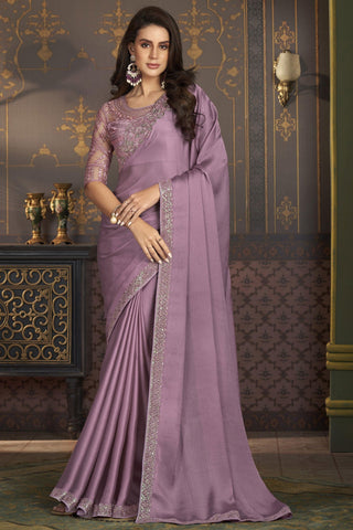 Pink Color Border Work On Satin Silk Fabric Stunning Sangeet Wear Saree.