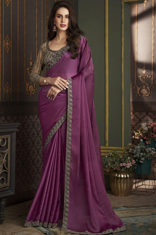 Beguiling Border Work On Wine Color Chiffon Silk Fabric Sangeet Wear Saree.