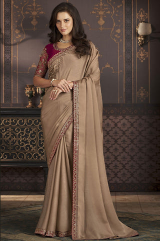 Incredible Border Work On Art SIlk Fabric Beige Color Sangeet Wear Saree.