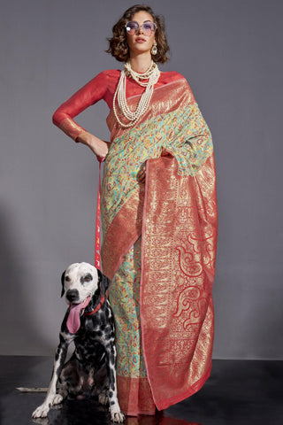 Art Silk Fabric Captivating Sea Green Color Weaving Designs Saree.
