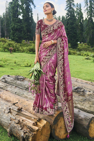 Vaishnavi Andhale Pink Color Border Work Brilliant Wedding Wear Dola Silk Saree.