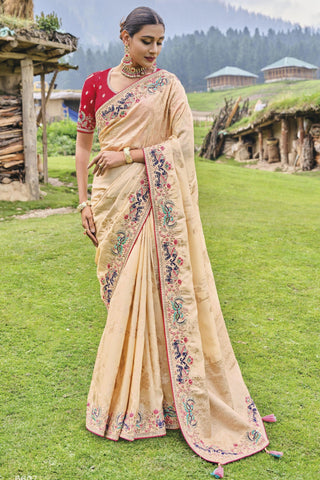 Vaishnavi Andhale Border Work Soothing Wedding Wear Dola Silk Saree In Beige Color.