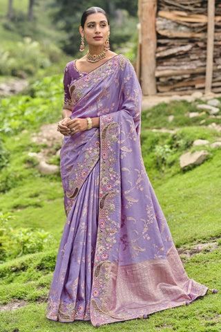 Vaishnavi Andhale Lavender Color Glorious Wedding Wear Dola Silk Saree With Border Work.
