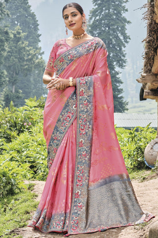 Vaishnavi Andhale Delicate Peach Color Border Work Wedding Wear Dola Silk Saree.