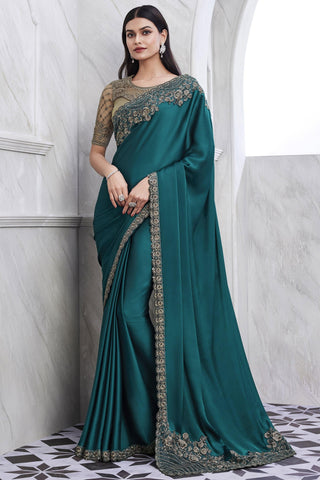 Art Silk Fabric Teal Color Pleasance Saree With Border Work.