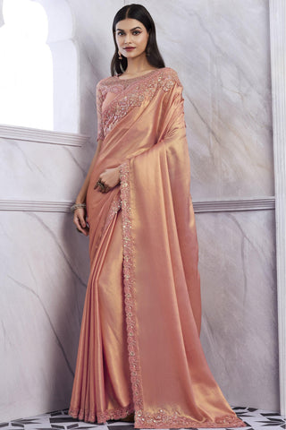 Art Silk Fabric Peach Color Excellent Saree With Border Work.