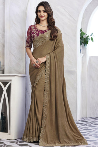 Chikoo Color Border Work On Art Silk Fabric Stunning Saree.