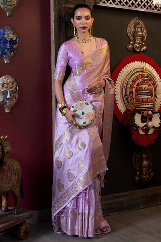 Amazing Weaving Work On Lavender Color Satin Silk Fabric Saree.