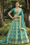 Banarasi Silk Fabric Sea Green Color Pleasance Lehenga With Jacquard Work.
