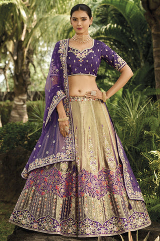 Beige Color Banarasi Silk Fabric Coveted Lehenga With Jacquard Work.