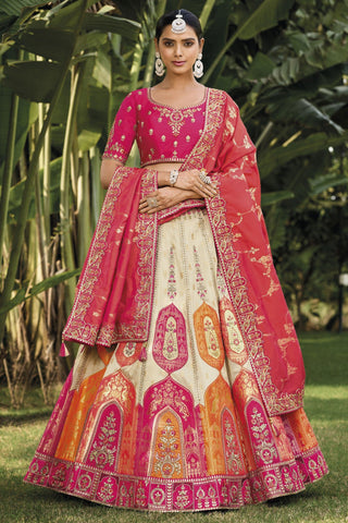 Banarasi Silk Fabric Off White Color Riveting Lehenga With Jacquard Work.
