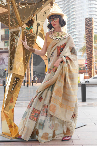 Beguiling Printed Work On Beige Color Art Silk Fabric Saree.