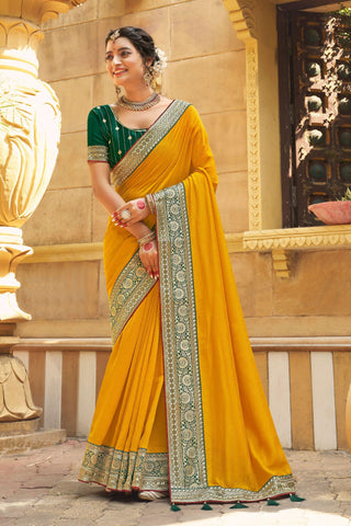 Beguiling Border Work On Yellow Color Banglori Silk Fabric Saree.